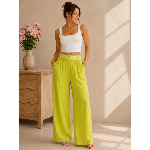 milk and honey Pants - Milk & Honey Chartreuse Wide Leg Lounge Pants Resort Wear Large with Pockets